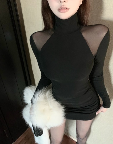 Live shot ~ High neck slimming mermaid long sleeve lace-up sheer velvet warm fashionable women's dress