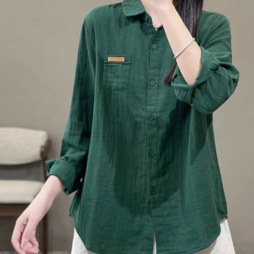 Autumn commuting versatile solid color lapel cotton gauze shirt literary Hong Kong style slim long-sleeved top cotton