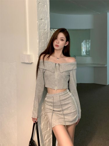 Actual shot~Korean style lapel short zippered one-line collar long-sleeved sweatshirt + high-waisted drawstring hip-covering skirt
