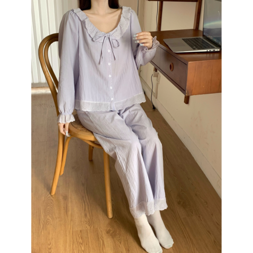 Korean style long-sleeved autumn and winter embroidered splicing cute and sweet princess pajamas and home clothes set that can be worn outside