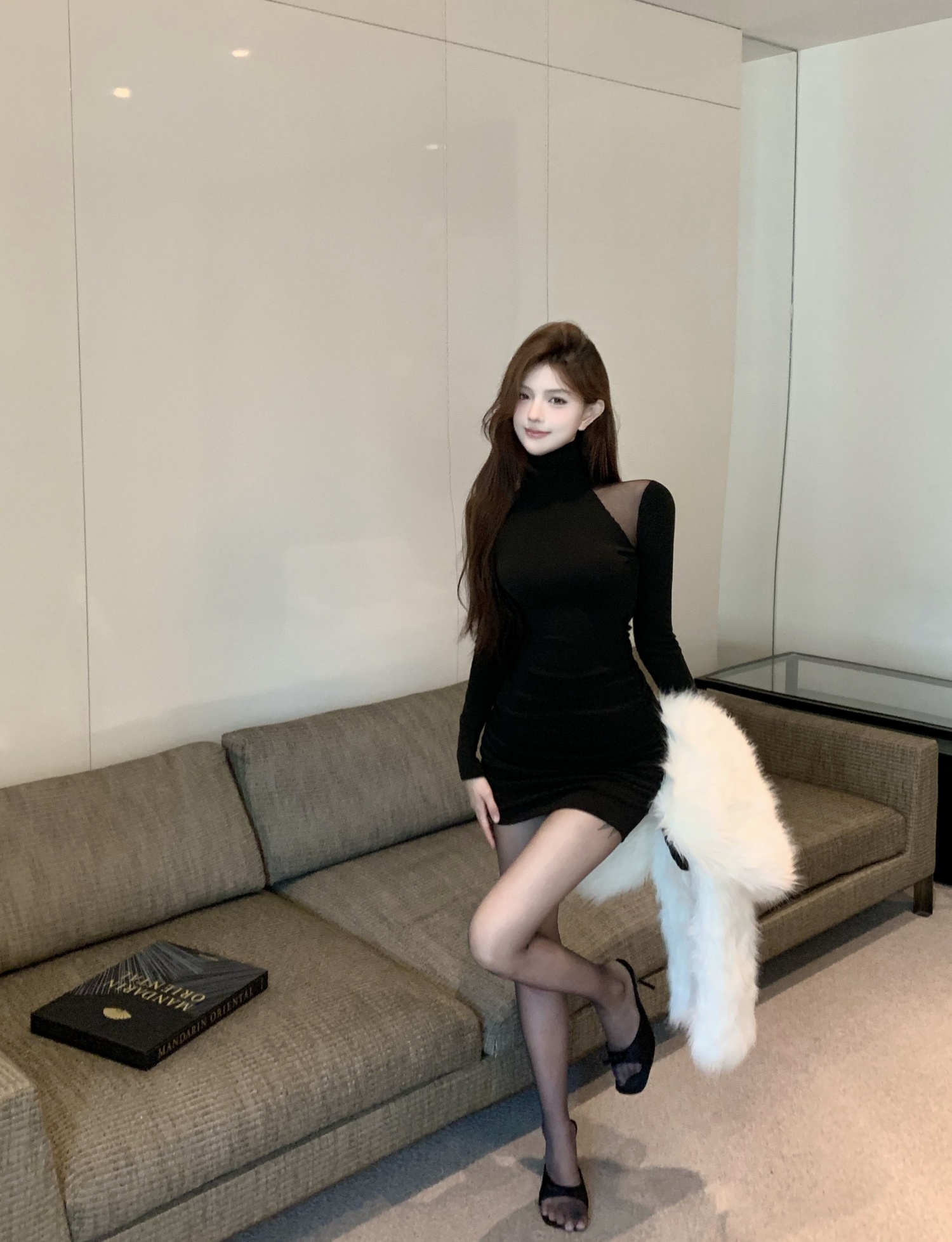 Live shot ~ High neck slimming mermaid long sleeve lace-up sheer velvet warm fashionable women's dress