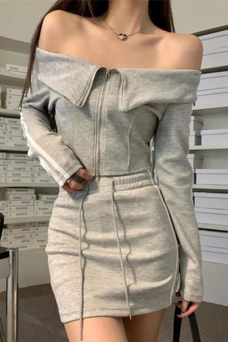 Actual shot~Korean style lapel short zippered one-line collar long-sleeved sweatshirt + high-waisted drawstring hip-covering skirt
