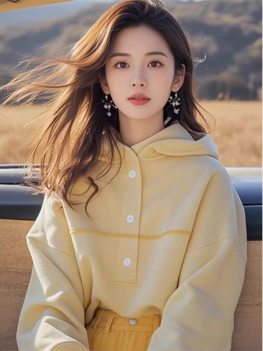 Pure cotton Chinese cotton composite early autumn 2024 new Korean style top yellow hooded sweatshirt for women