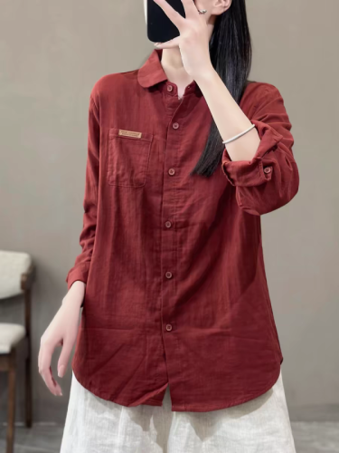 Autumn commuting versatile solid color lapel cotton gauze shirt literary Hong Kong style slim long-sleeved top cotton