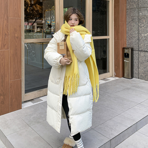 Milk tea color long down cotton jacket for women 2024 new Korean style gentle style thickened cotton jacket winter knee-length cotton coat