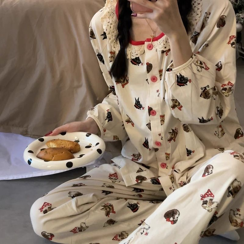 Korean ins style pajamas for women in spring and autumn, long-sleeved Japanese style sweet cartoon cardigan home wear set