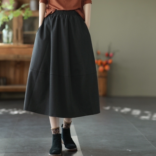 Yuanyuan Meiyi winter new new technology black technology Roman cloth women's literary retro elastic waist solid color skirt