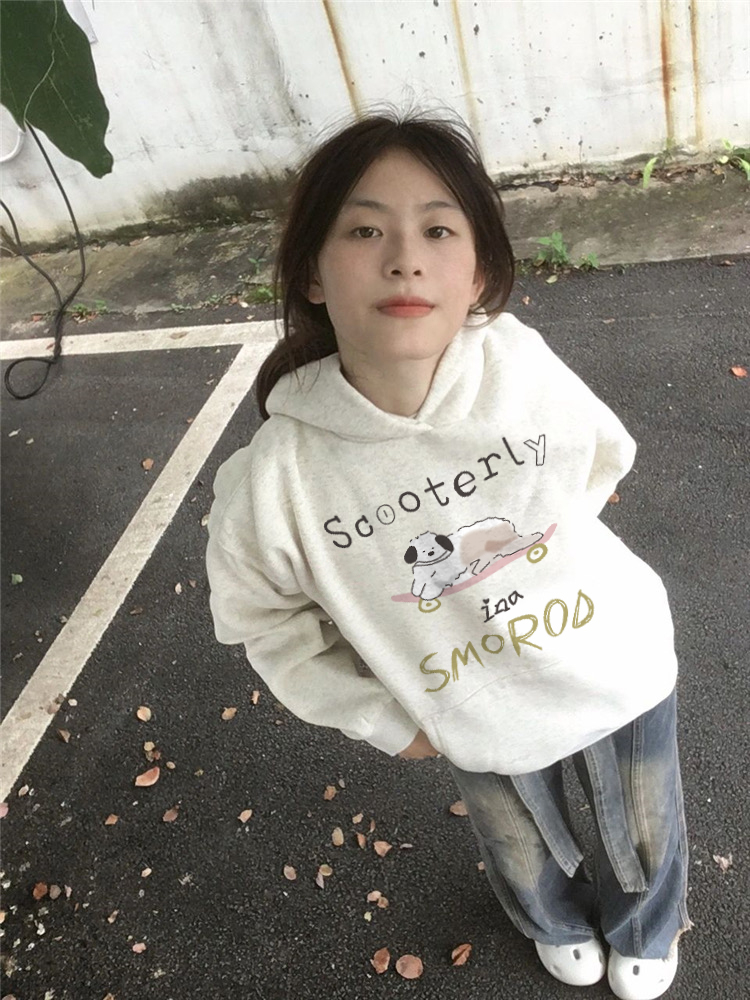 Cotton Heavyweight Thin / Fleece-lined Silver Fox Fleece Loose Korean Style Printed Sweatshirt for Women - Autumn/Winter New Arrival