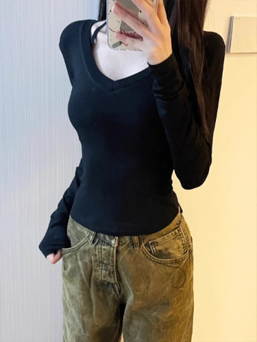 260g modal black V-neck right shoulder versatile long-sleeved T-shirt women's bottoming shirt hot girl slimming top