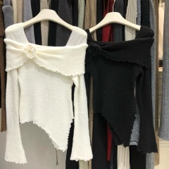 13th Row Autumn New Style 3D Flower Square Collar Sweater Bell Irregular Slim Fit Hot Girl Pure Desire Knitwear Women's 