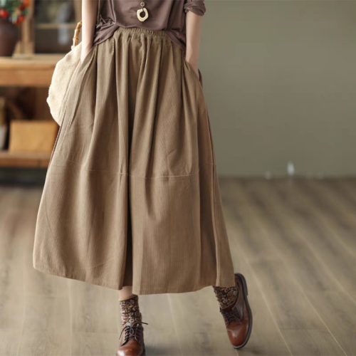 Early autumn retro mid-length skirt for women, stitched slim A-line skirt, elastic waist corduroy skirt