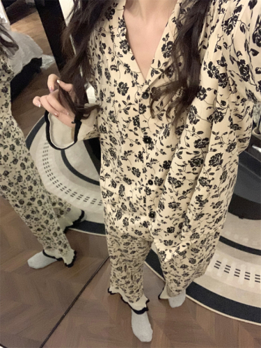 Imitation cotton French retro floral pajamas women's new long-sleeved lace suit home wear