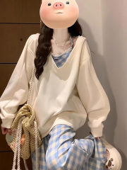 Non-shooted sweet V-neck apricot color hooded sweatshirt new loose petite size two-piece top coat trendy