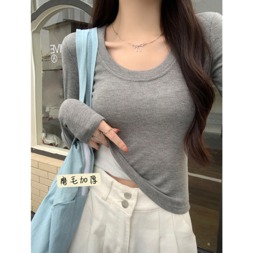 Real shot of cashmere plus velvet thickened long-sleeved T-shirt for women U-neck slim bottoming shirt