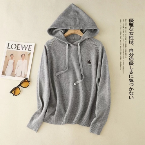 2024 autumn and winter new style jacquard hooded drawstring diamond-encrusted loose long-sleeved good-looking foreign style sweater sweater top for women