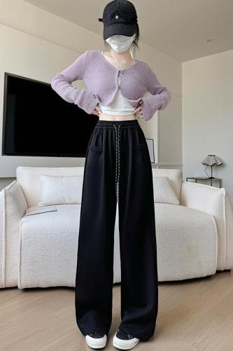 Pocket autumn new high street American style loose neutral high waist casual pants simple floor mopping trousers for women