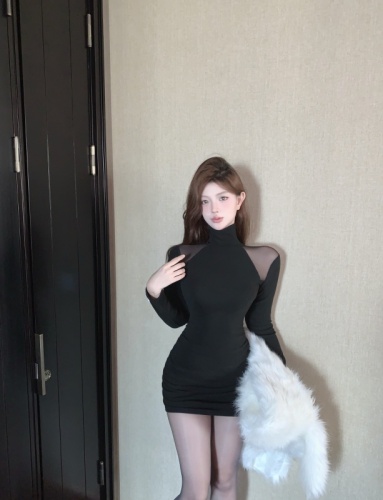 Live shot ~ High neck slimming mermaid long sleeve lace-up sheer velvet warm fashionable women's dress