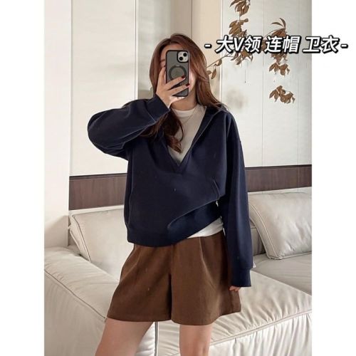 Fashionable large V-neck casual and versatile Korean style loose hooded sweatshirt