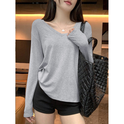 Official picture 260g Modal threaded V-neck long-sleeved T-shirt women's spring, autumn and winter bottoming shirt with loose inner fit