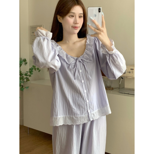 Korean style long-sleeved autumn and winter embroidered splicing cute and sweet princess pajamas and home clothes set that can be worn outside