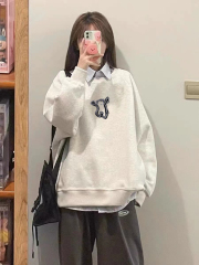 Pure Cotton Heavyweight Thin / Fleece Silver Fox Plush Loose Korean Style Printed Sweatshirt Women Autumn Winter New Arrival