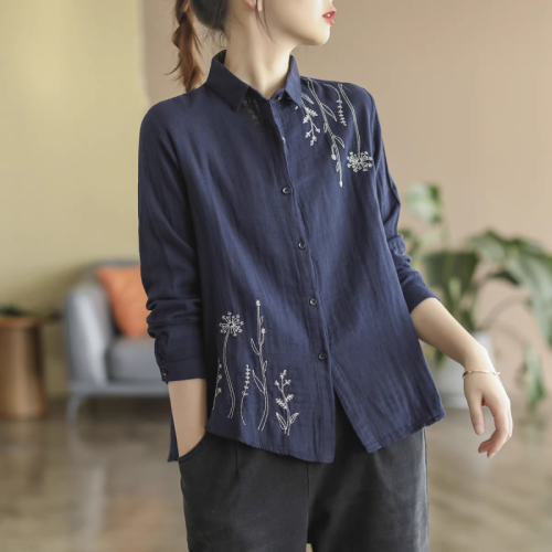 Literary retro floral embroidery double-layer cotton gauze shirt women's new loose and slim long-sleeved shirt