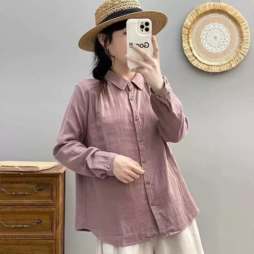 Autumn double-layer cotton gauze shirt, fashionable and age-reducing, versatile long-sleeved shirt, casual solid color cardigan for women