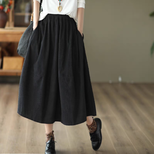 Early autumn retro mid-length skirt for women, stitched slim A-line skirt, elastic waist corduroy skirt