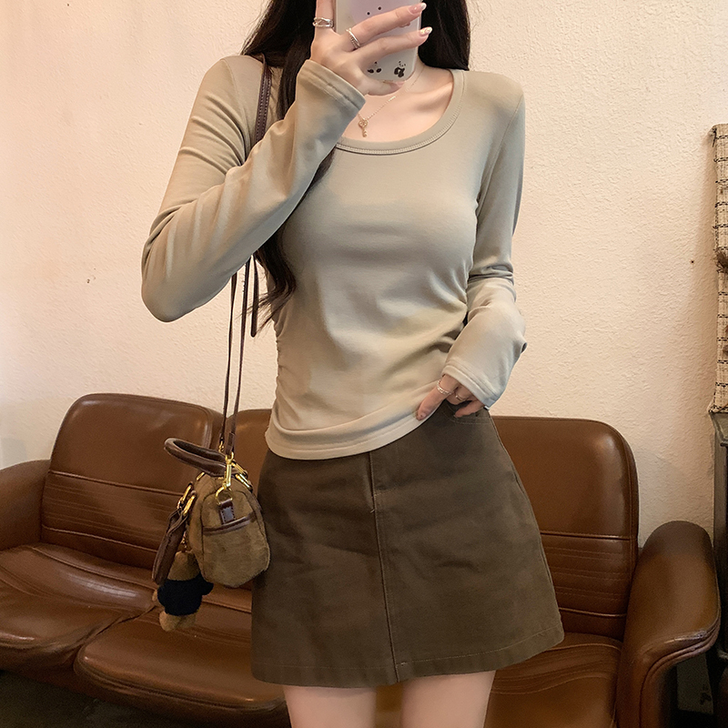 1*1 threaded 210g long-sleeved t-shirt for women spring and autumn thin round neck solid color bottoming shirt tops for women plus size
