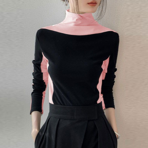 New German velvet warm high collar contrasting color long-sleeved bottoming shirt for women autumn and winter new design slim T-shirt top