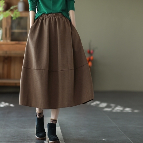 Yuanyuan Meiyi winter new new technology black technology Roman cloth women's literary retro elastic waist solid color skirt