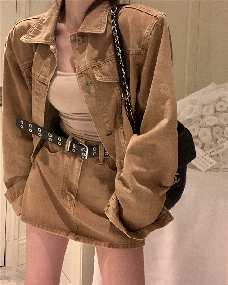 Real shot!  Wasteland style denim suit for hot girls, short top, coat, high waisted skirt, two piece set, trendy for women