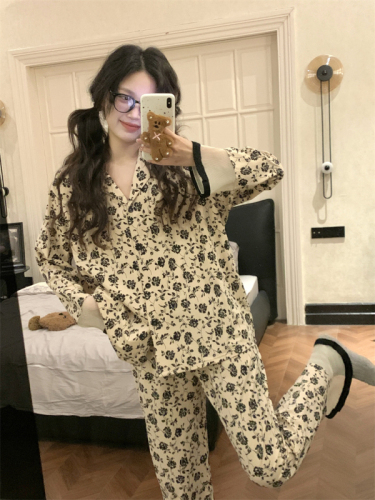 Imitation cotton French retro floral pajamas women's new long-sleeved lace suit home wear