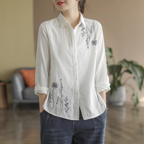 Literary retro floral embroidery double-layer cotton gauze shirt women's new loose and slim long-sleeved shirt