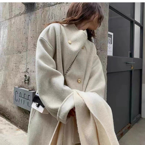 Light gray woolen coat for women 2024 new autumn and winter long loose high-end temperament Korean style woolen coat for women