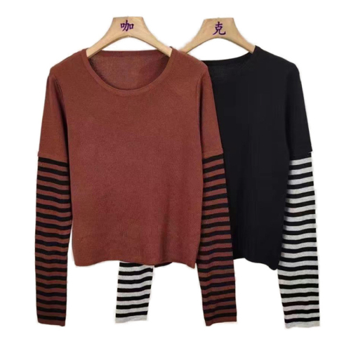 Korean style versatile striped splicing fake two-piece round neck bottoming shirt long-sleeved T-shirt women's autumn and winter new design top