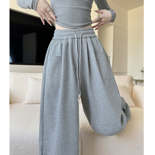 Pocket autumn new high street American style loose neutral high waist casual pants simple floor mopping trousers for women