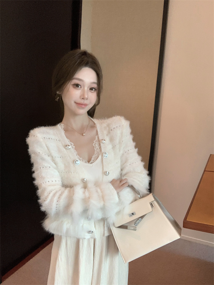 Actual shot of fox fur light fur heavy industry bright silk V-neck minibus knitted cardigan for women