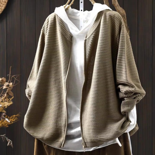 Double-ended zipper cotton knitted cardigan for women loose and slim 2024 autumn and winter new literary casual long-sleeved sweater jacket