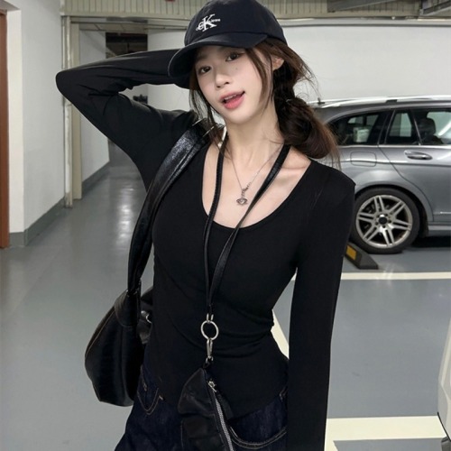 White niche pleated slim long-sleeved T-shirt bottoming shirt for women early autumn new inner wear U-neck pullover top for small people