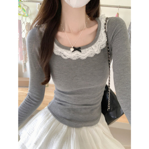 Real shot of cashmere lace plus velvet thickened brushed long-sleeved T-shirt for women in autumn and winter