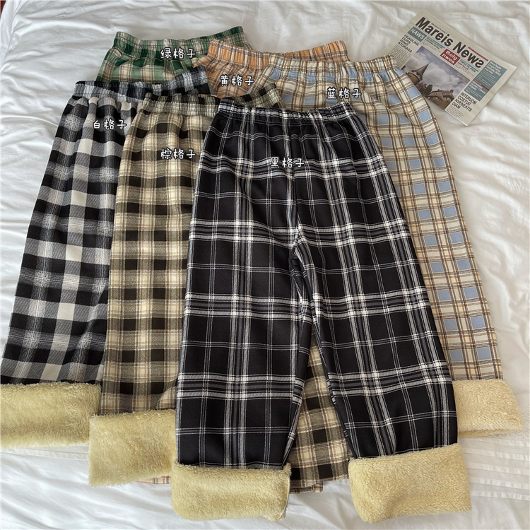 Black and white plaid pants for women autumn and winter lamb velvet wide leg pants high waist straight casual pants ins trend