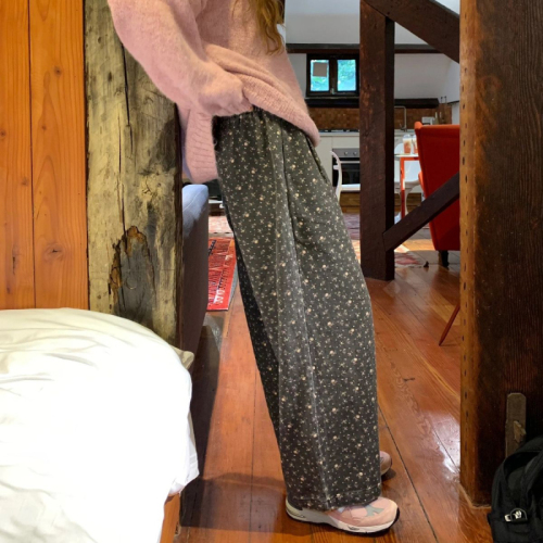 Small stature casual loose floral versatile floor-length wide-leg pants for women students with elastic high-waist drape slimming straight-leg pants