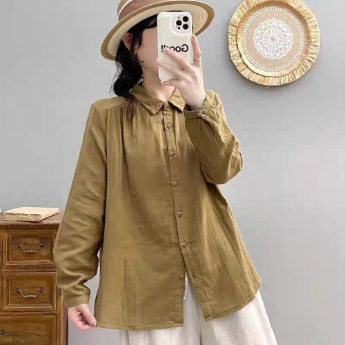 Autumn double-layer cotton gauze shirt, fashionable and age-reducing, versatile long-sleeved shirt, casual solid color cardigan for women