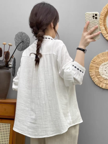 2024 Spring and Autumn White Double Layer Cotton Long Sleeve Shirt Women's Loose Literary and Versatile Embroidered Top Pure Cotton Shirt