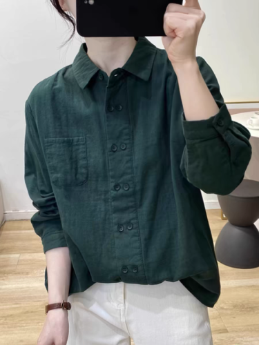 Autumn commuting versatile solid color lapel cotton gauze shirt literary Hong Kong style slim long-sleeved top cotton