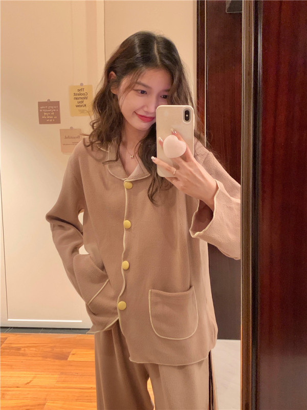 Japanese polar fleece lapel autumn and winter warm home clothes set two-piece set