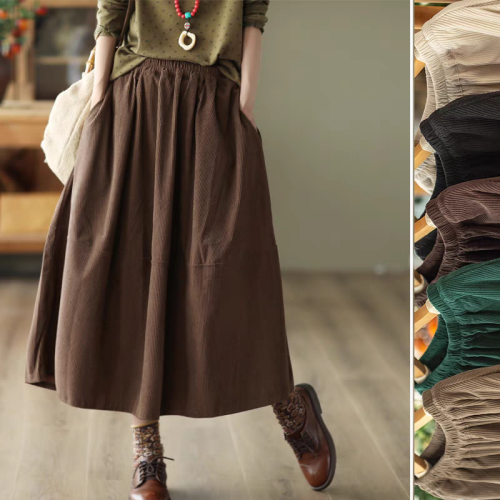 Early autumn retro mid-length skirt for women, stitched slim A-line skirt, elastic waist corduroy skirt