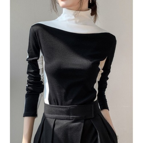 New German velvet warm high collar contrasting color long-sleeved bottoming shirt for women autumn and winter new design slim T-shirt top