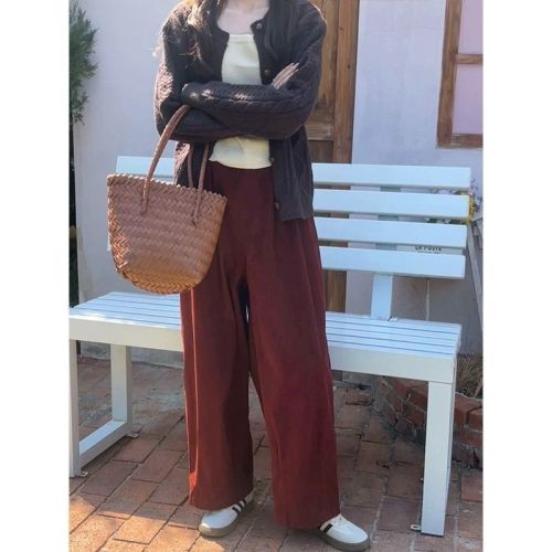 Angola Red Pants for Spring and Autumn, Corduroy Wide Leg Pants for Petite and Casual, Loose and Large Size Pants for Plus Size Women